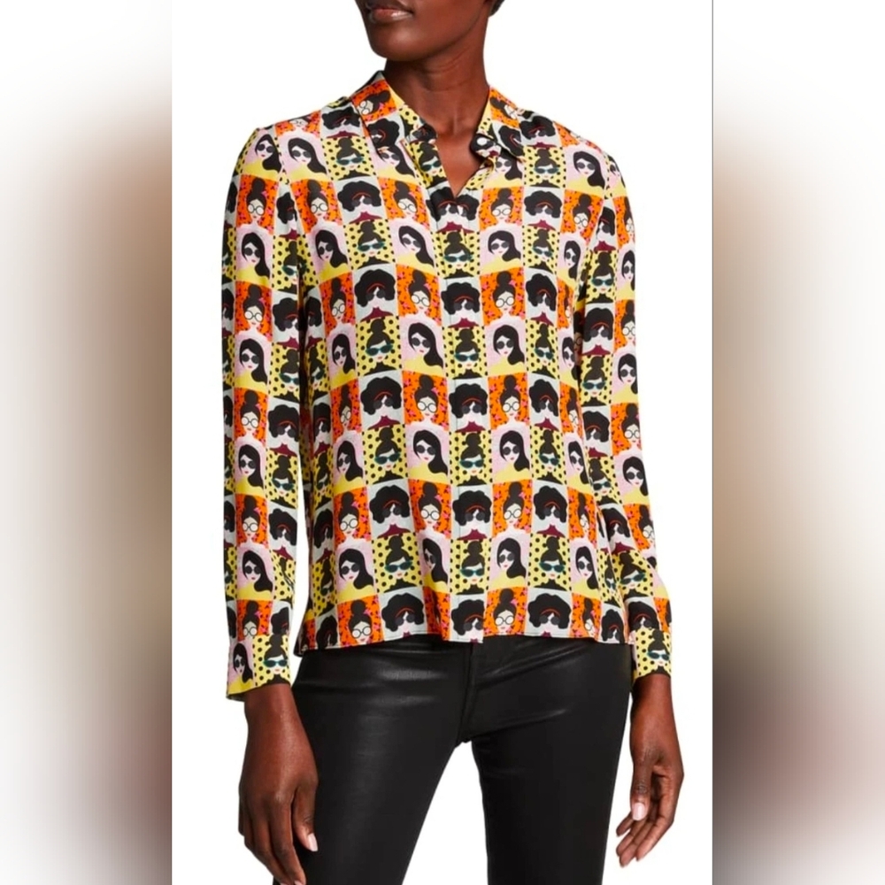 Alice+ Olivia Stace Face Willa 100% Silk Placket Top Button Front Sz M EUC